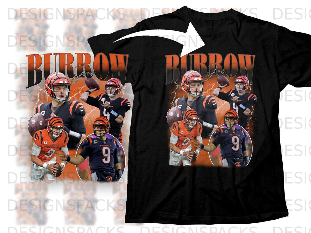 Joe Burrow Bengals football player graphic on black t-shirt.