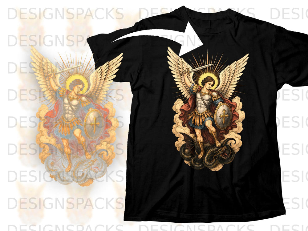 Black t-shirt with Saint Michael slaying a dragon, wings and halo.