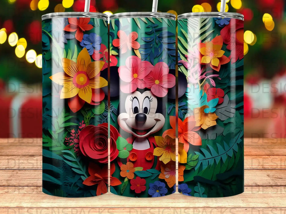 Minnie Mouse surrounded by colorful paper flowers and greenery.