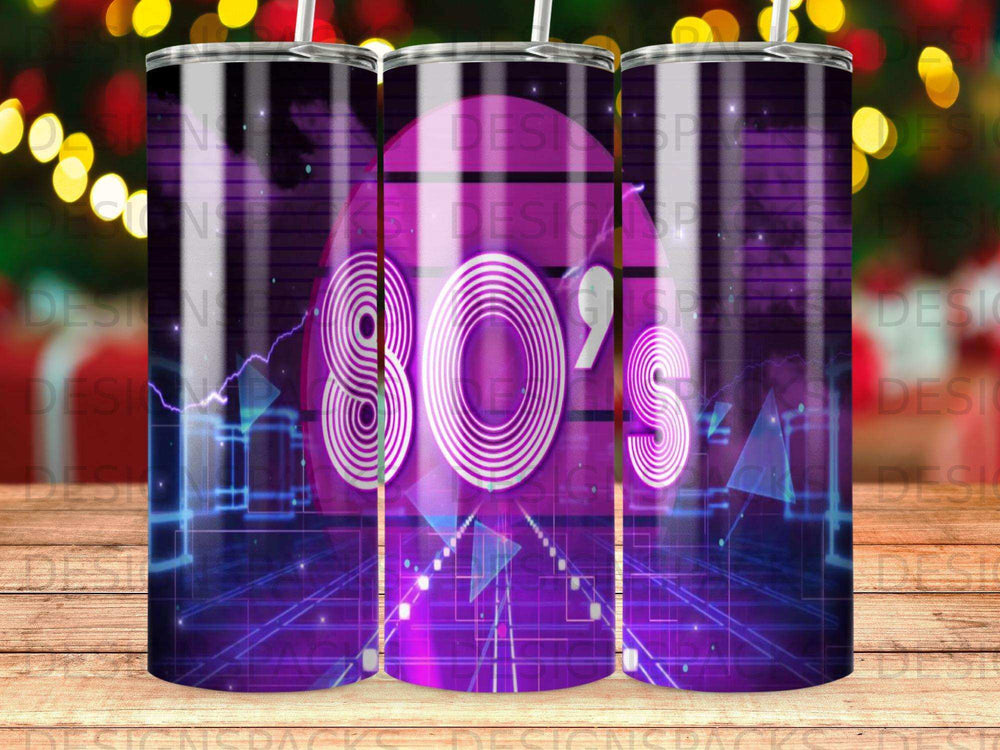 80s graphic design on a reusable tumbler with purple and blue geometric patterns.
