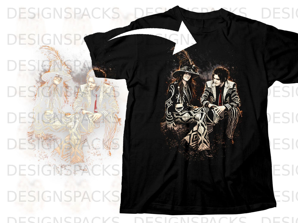 Black t-shirt with graphic of two individuals in ornate outfits.