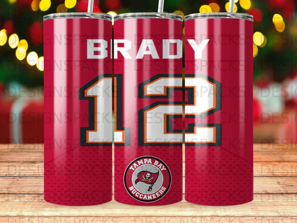 Brady 12 Tampa Bay Buccaneers tumbler with team logo.