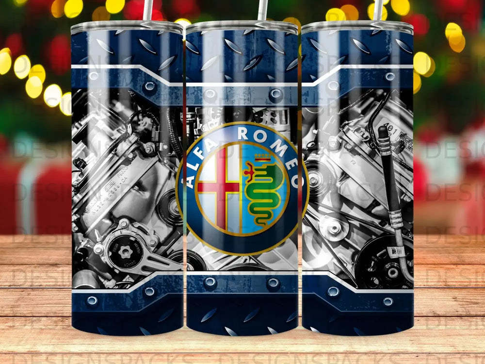 Alfa Romeo engine parts with blue and silver metallic accents.