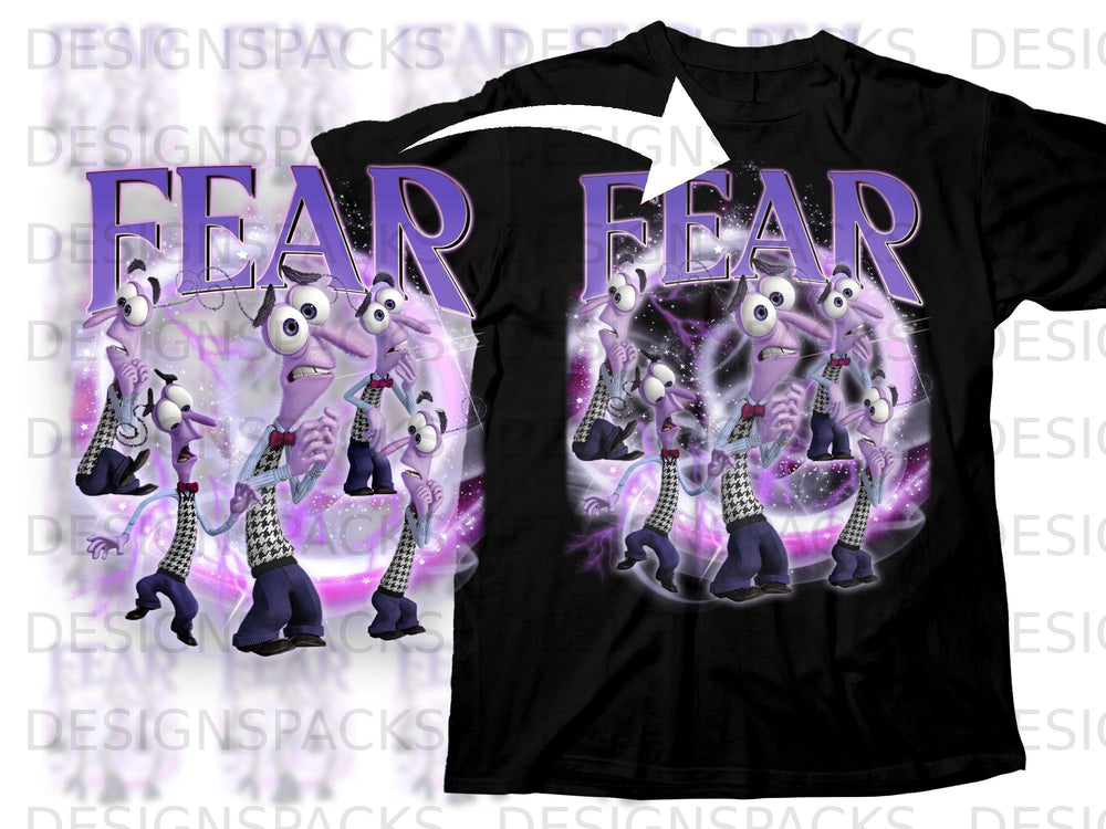 Black t-shirt featuring purple "FEAR" text with multiple purple cartoon characters in a swirling purple background.