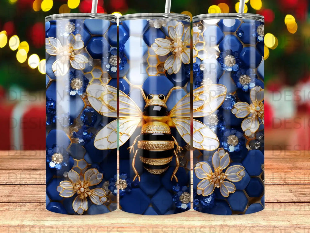 Gold and black bee on blue honeycomb with floral accents.