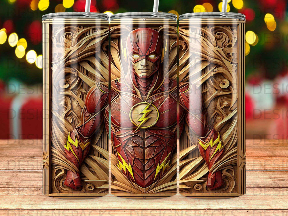 The Flash superhero character with a lightning bolt emblem on a patterned background.