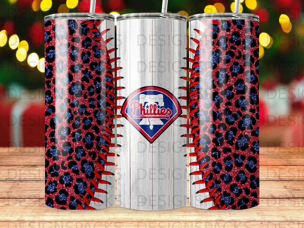 Philadelphia Phillies baseball print tumbler with leopard pattern and red stitching.