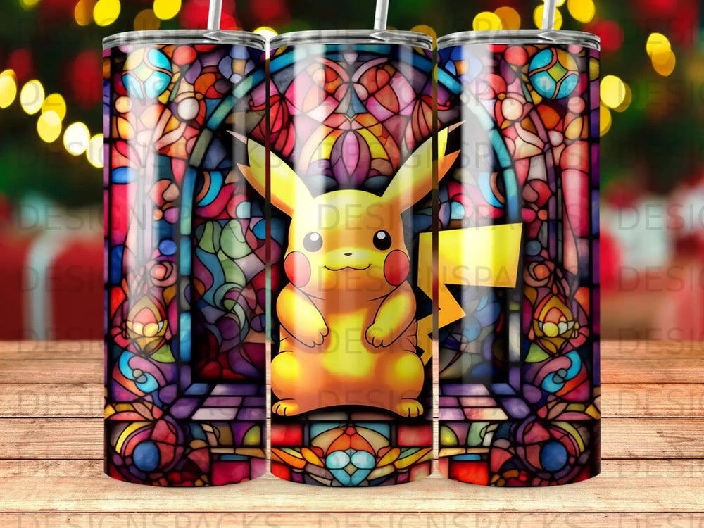 Pikachu stained glass tumbler with colorful, illuminated patterns.