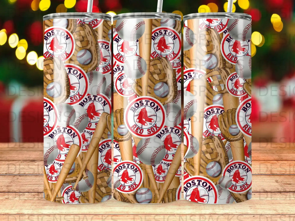 Boston Red Sox baseball graphics on a patterned tumbler.