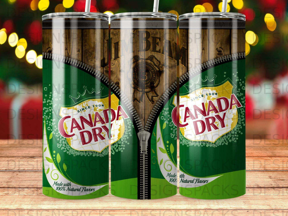Canada Dry soda tumbler with zipper graphic and wood background.