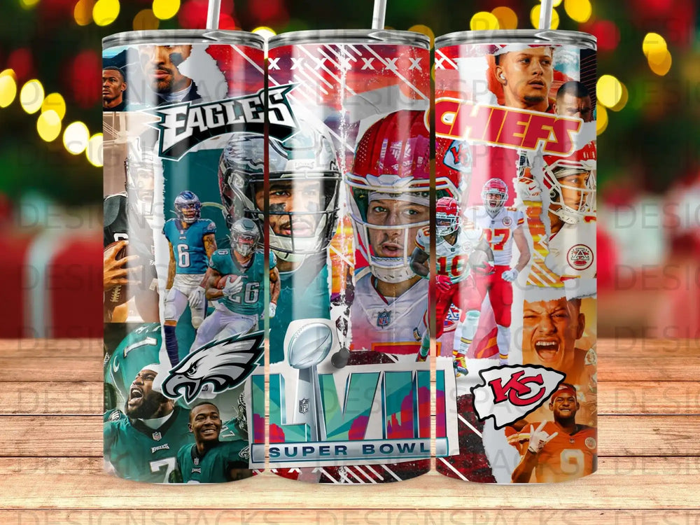 Philadelphia Eagles and Kansas City Chiefs players and logos celebrating Super Bowl.