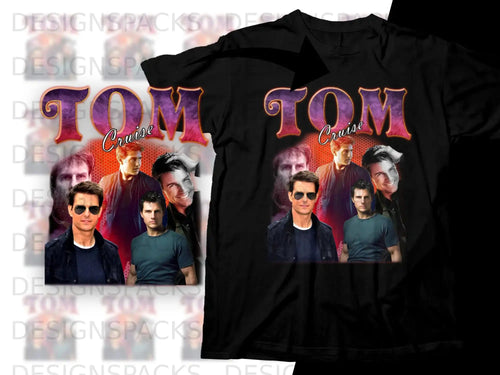 Black t-shirt with collage of Tom Cruise photos and 