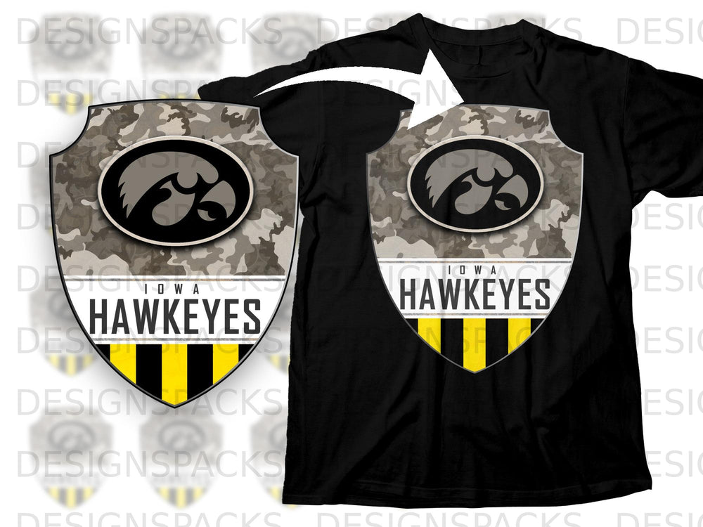 Black t-shirt with Iowa Hawkeyes camouflage shield logo and yellow stripes.