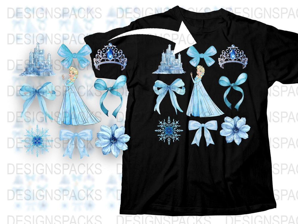 Disney Princess Elsa Inspired T-Shirt, Frozen Theme Graphic Tee, Blue Snowflake and Castle Design for Kids and Adults