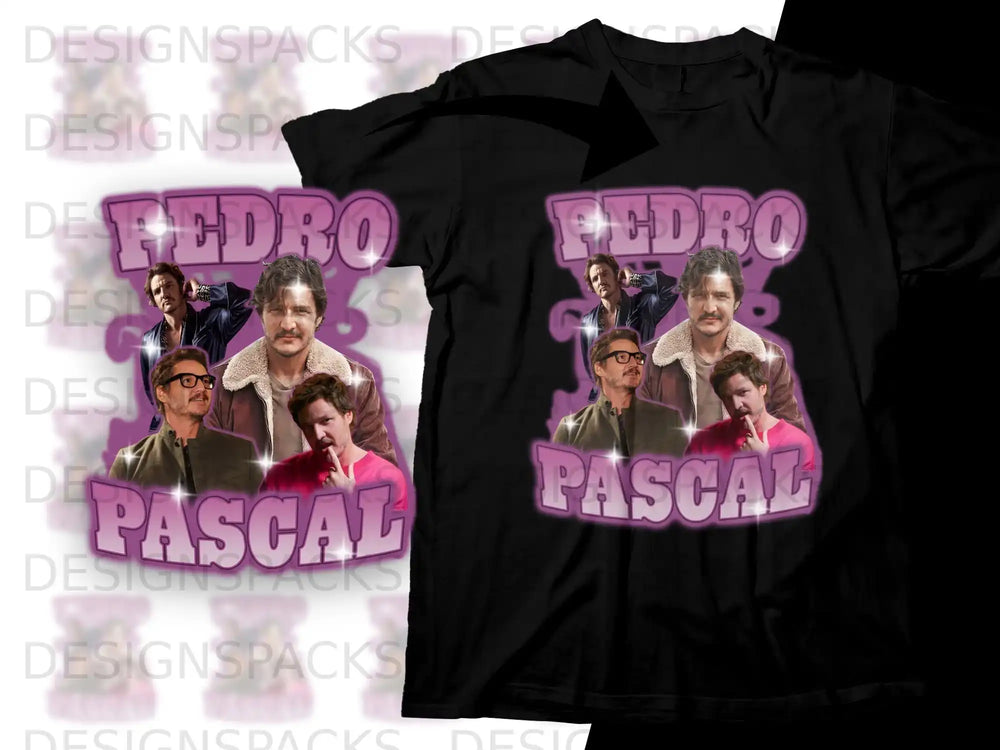 T-shirt graphic with PEDRO PASCAL collage and purple text.