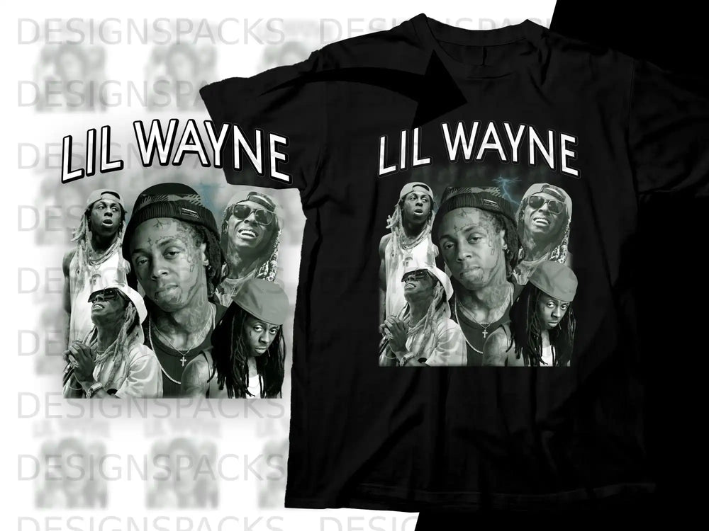 T-shirt with a black and white collage of Lil Wayne's face.