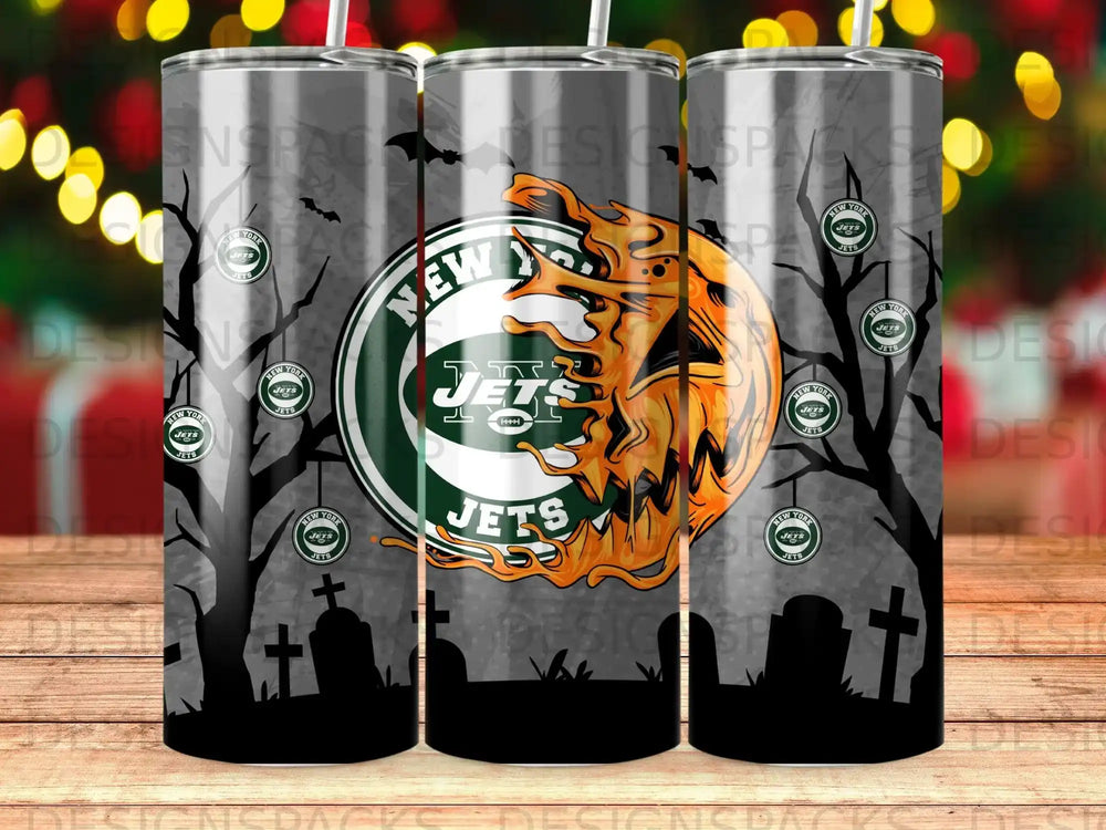 New York Jets logo on a Halloween-themed tumbler with spooky trees and gravestones.
