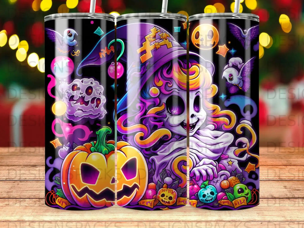 Halloween tumbler design with witch, pumpkin, ghosts, and bats.