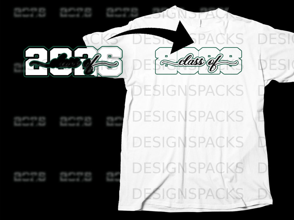 White t-shirt with green and white "2023 class of" text graphic.