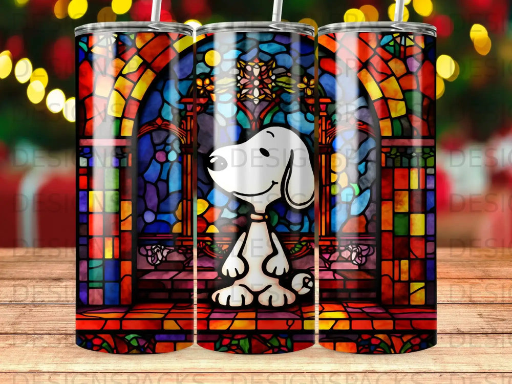 Snoopy sits in front of a colorful stained-glass window.