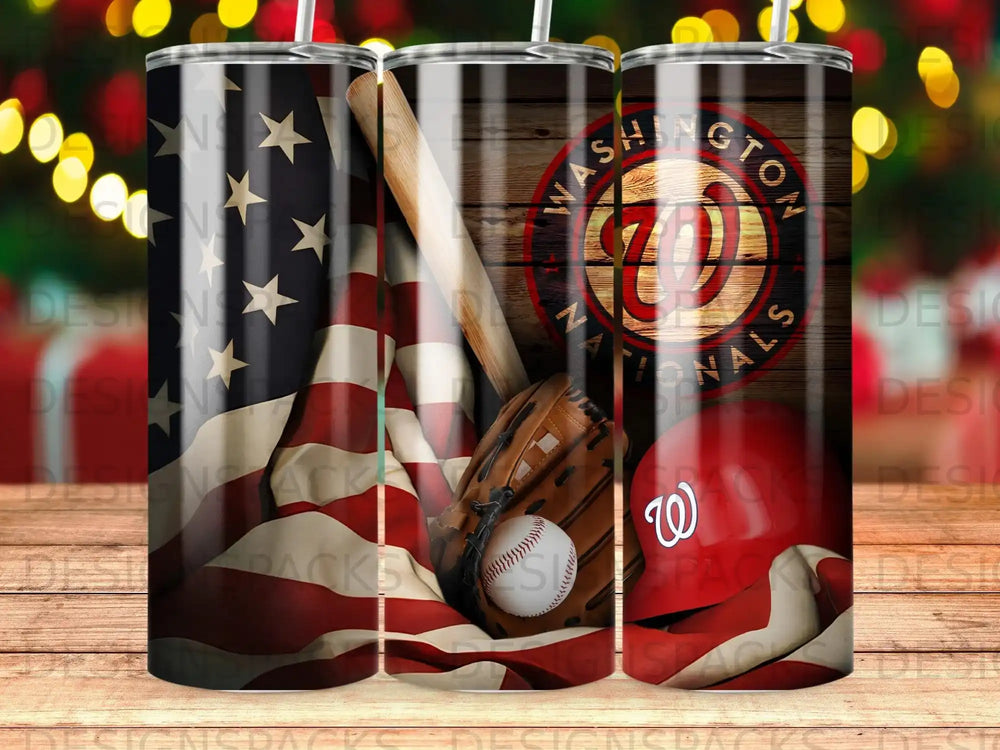 Washington Nationals logo and baseball equipment on an American flag background.