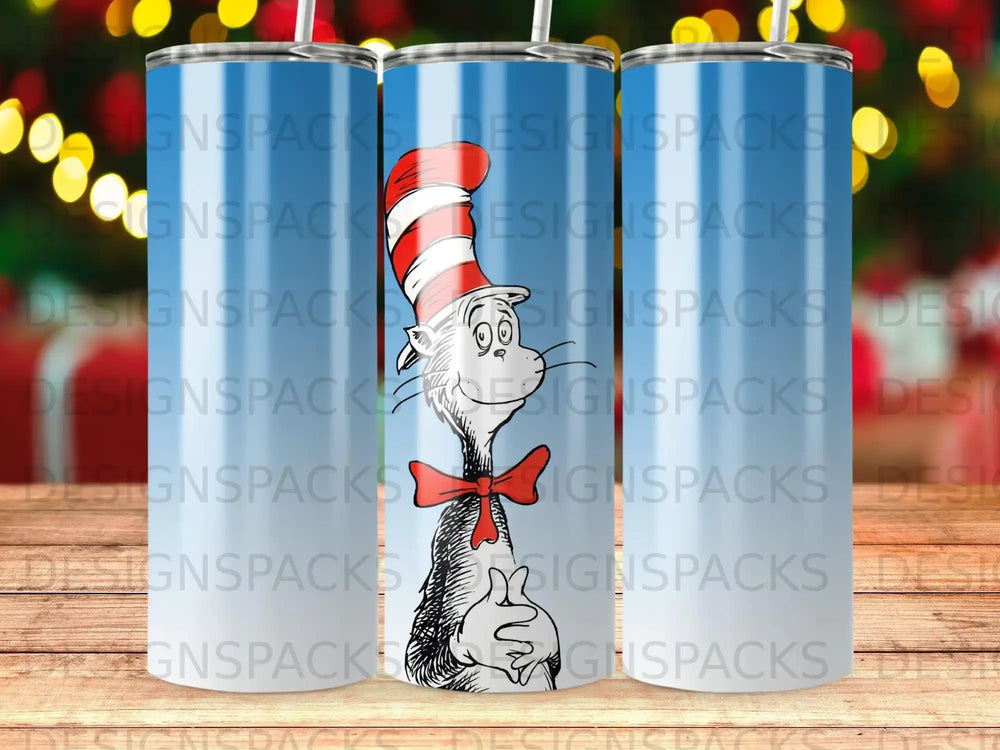 Cat in a hat design on a blue, white, and red striped tumbler.