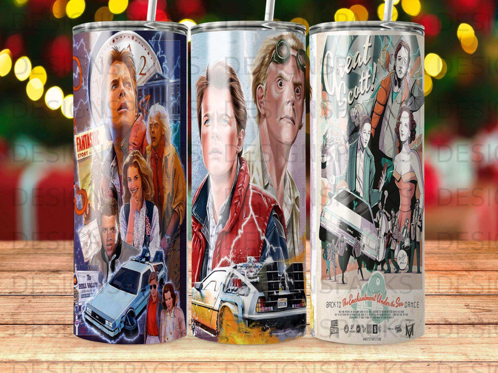 Back to the Future DeLorean and characters on a tumbler.