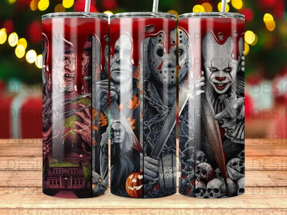 Horror movie villains Michael Myers, Jason Voorhees, and Pennywise on a tumbler.