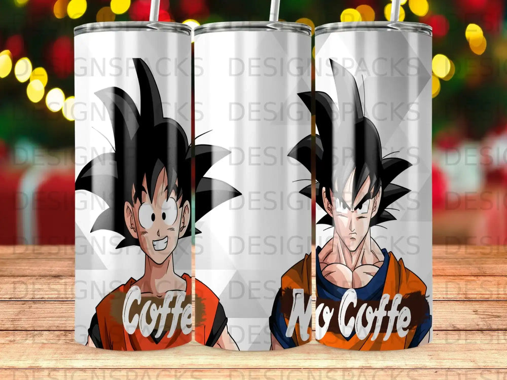 Dragon Ball Z characters Goku and Vegeta on a tumbler with "Coffe" and "No Coffe" text.