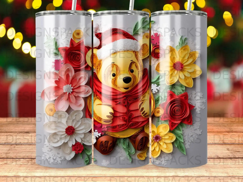 Winnie the Pooh in Santa hat and red vest, surrounded by paper flowers.