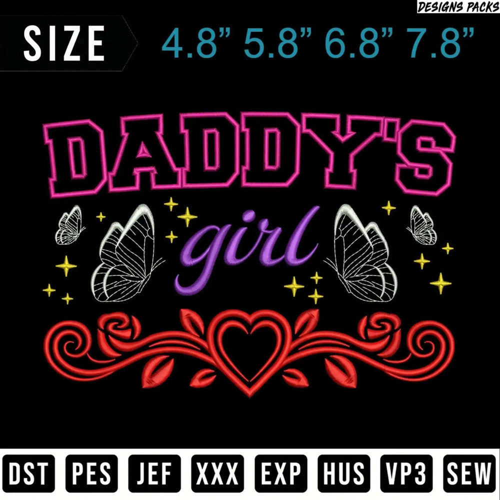 Embroidery design for "Daddy's girl" with butterflies and roses.