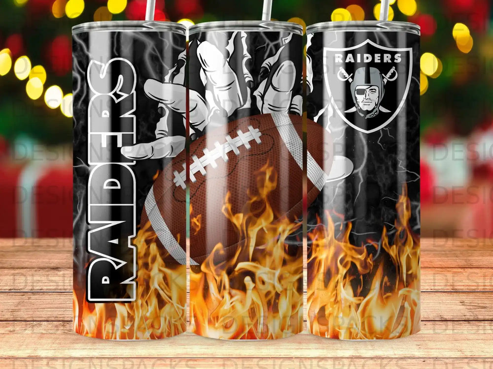 Las Vegas Raiders football tumbler with flames and lightning.