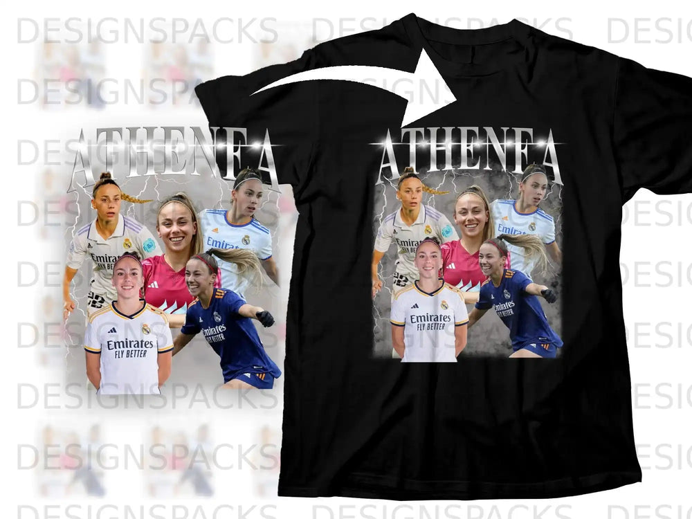 T-shirt mockup with three women wearing soccer jerseys featuring "ATHENA" text.