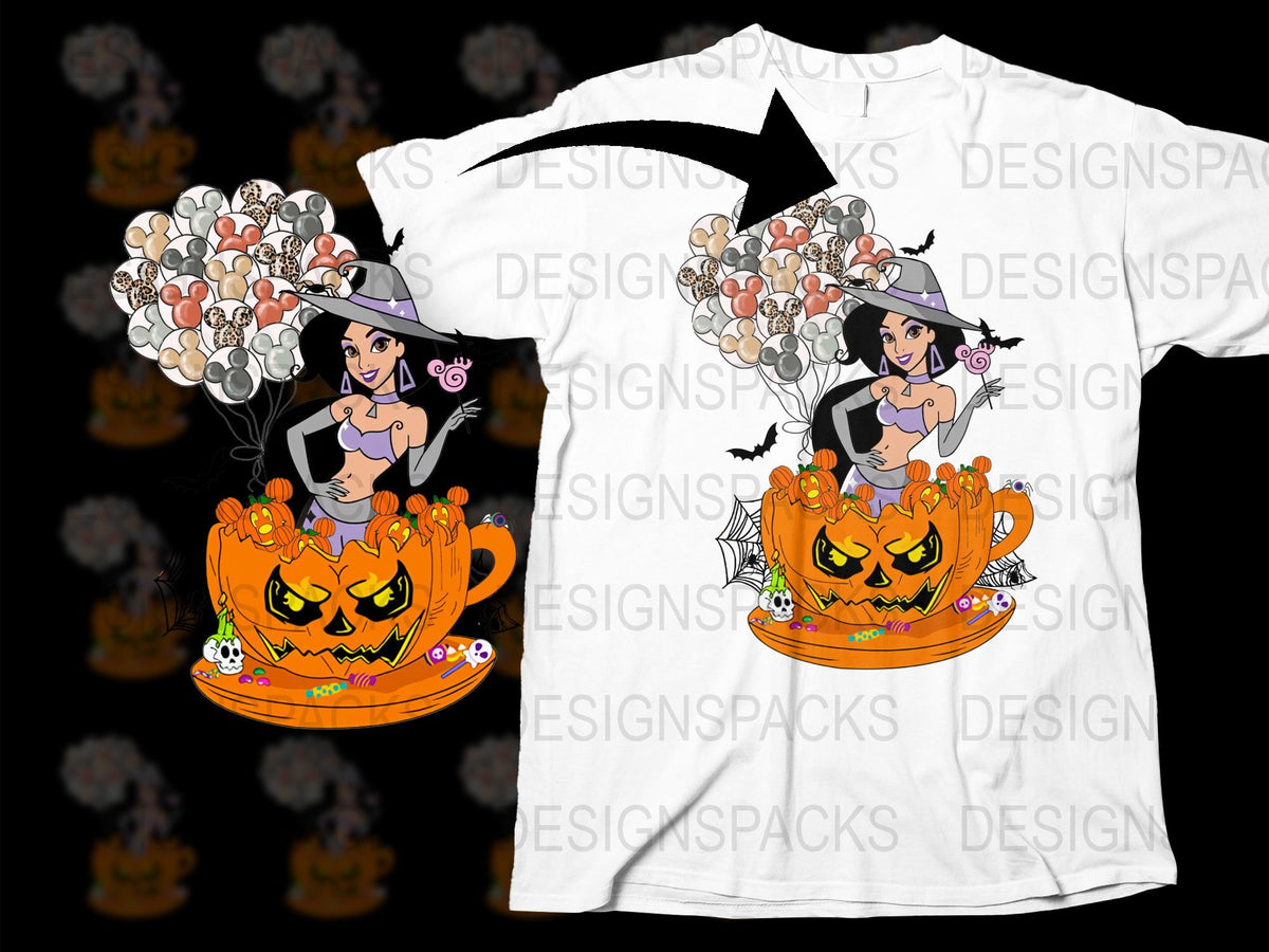 Halloween Witch and Pumpkin Mug Graphic T-Shirt, Cute Cartoon Witch Design, Spooky Season Casual Tee, All Sizes Available