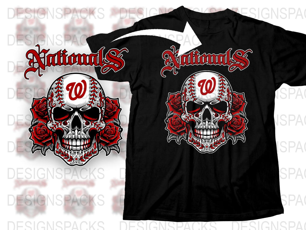 Washington Nationals Skull T-Shirt, Gothic Baseball Fan Tee, Unisex Sports Apparel, Black Graphic Shirt