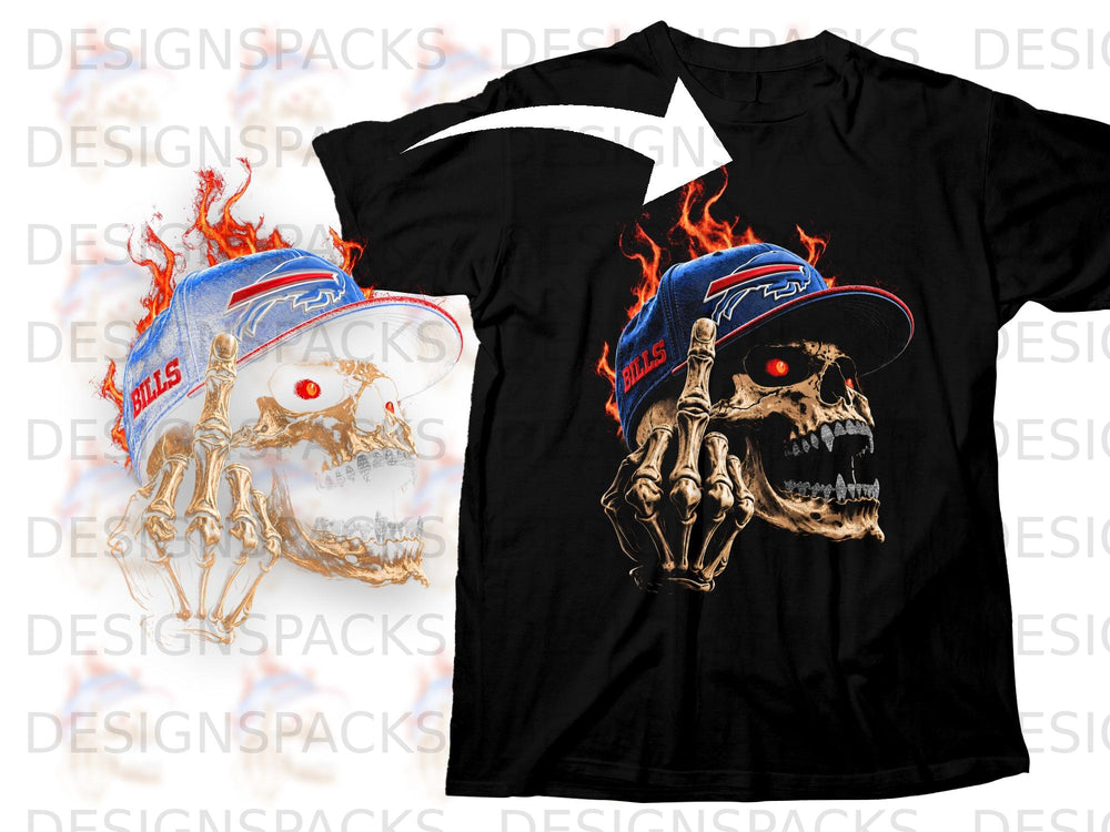 Black t-shirt with graphic of flaming skeleton skull and Bills baseball cap.