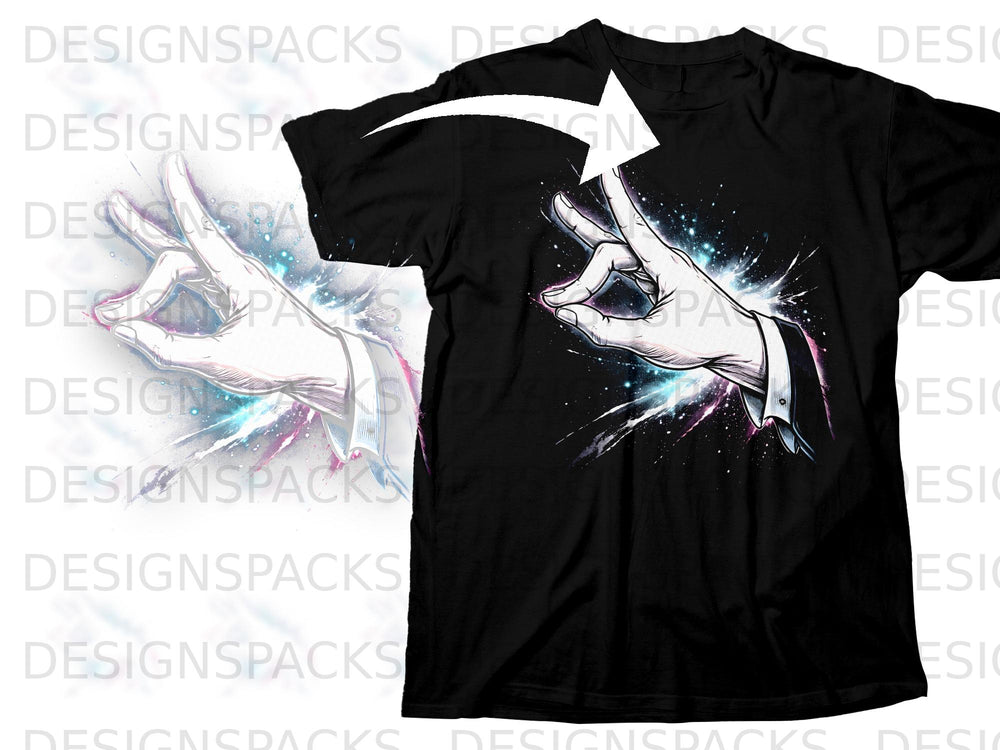Black t-shirt with a white hand gesture illustration and a white arrow.