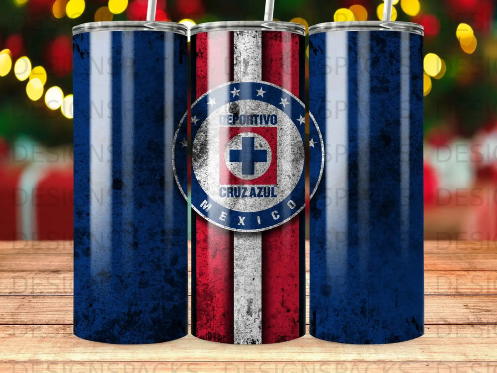 Three blue, distressed tumblers featuring the Cruz Azul soccer team logo.