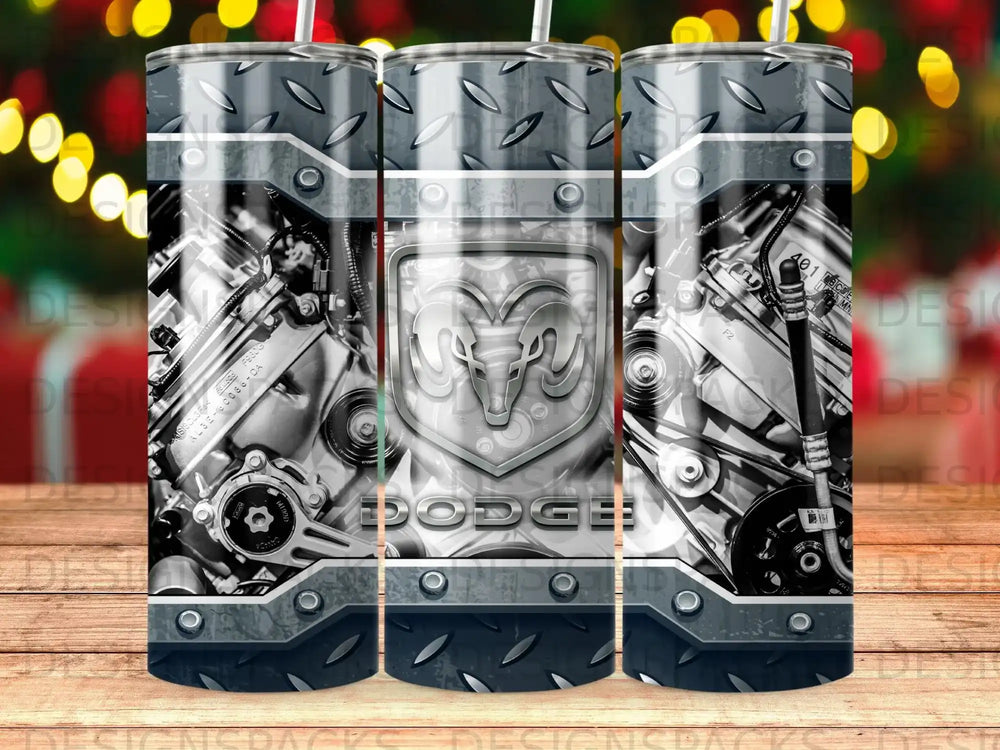 Dodge Ram emblem on a metallic, mechanical engine background.