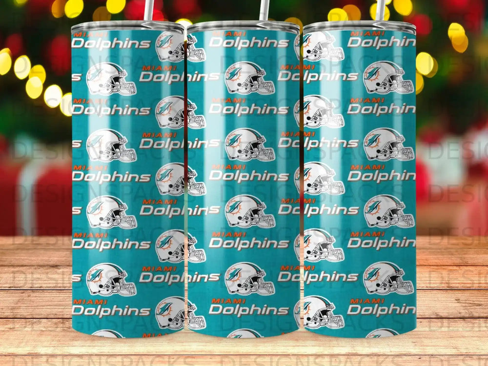 Miami Dolphins logo repeated on a pattern of cups and a blurred background.