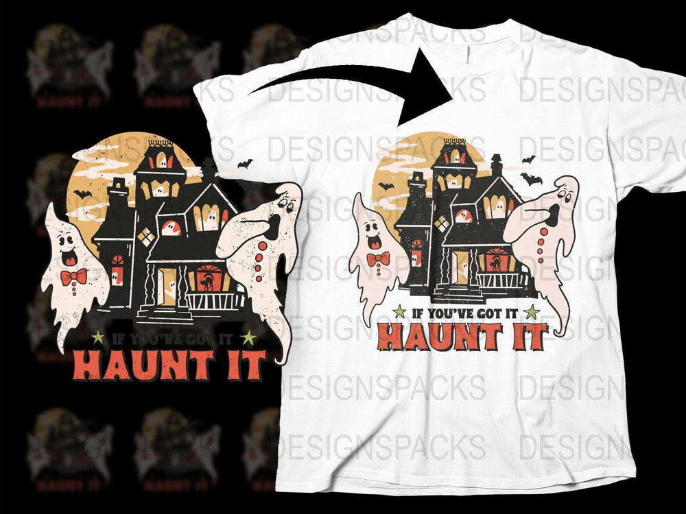 Haunted House and Ghosts Halloween T-Shirt, Spooky Graphic Tee, Fun October Apparel, Unique Ghost Design Shirt