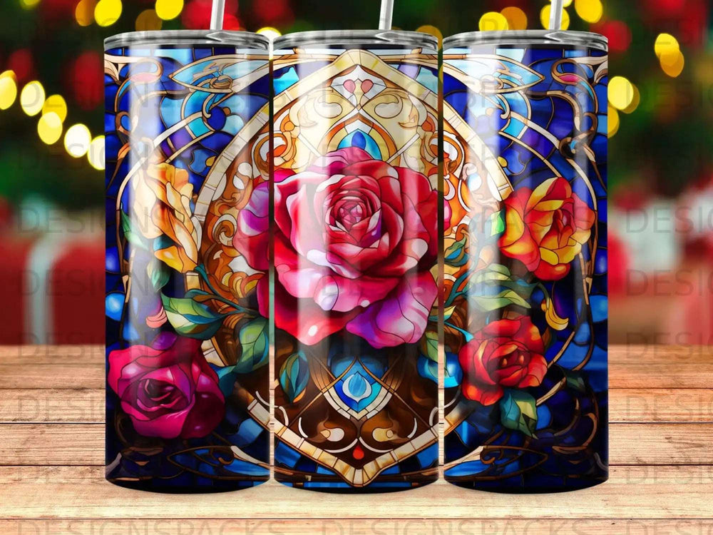 Stained glass tumbler with vibrant red roses and intricate details.