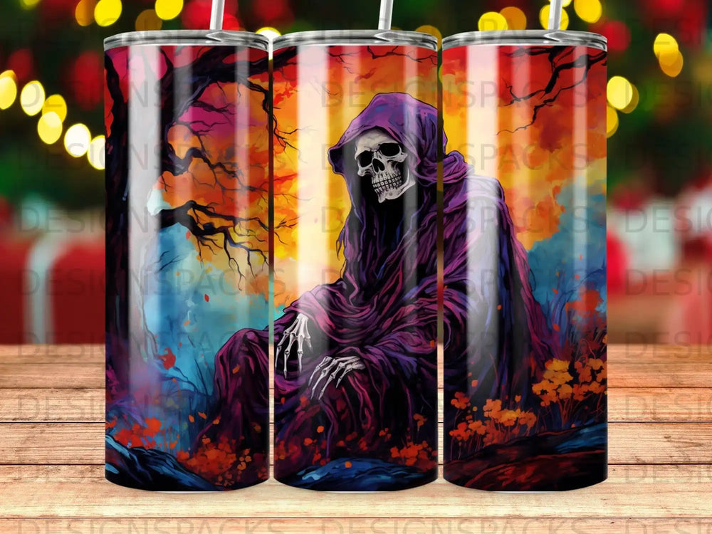 Skeleton reaper in purple robe against a dark, autumnal background.