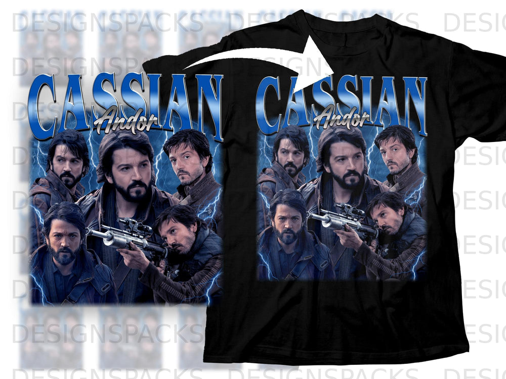 Cassian Andor graphic t-shirt with blue lightning and character images.