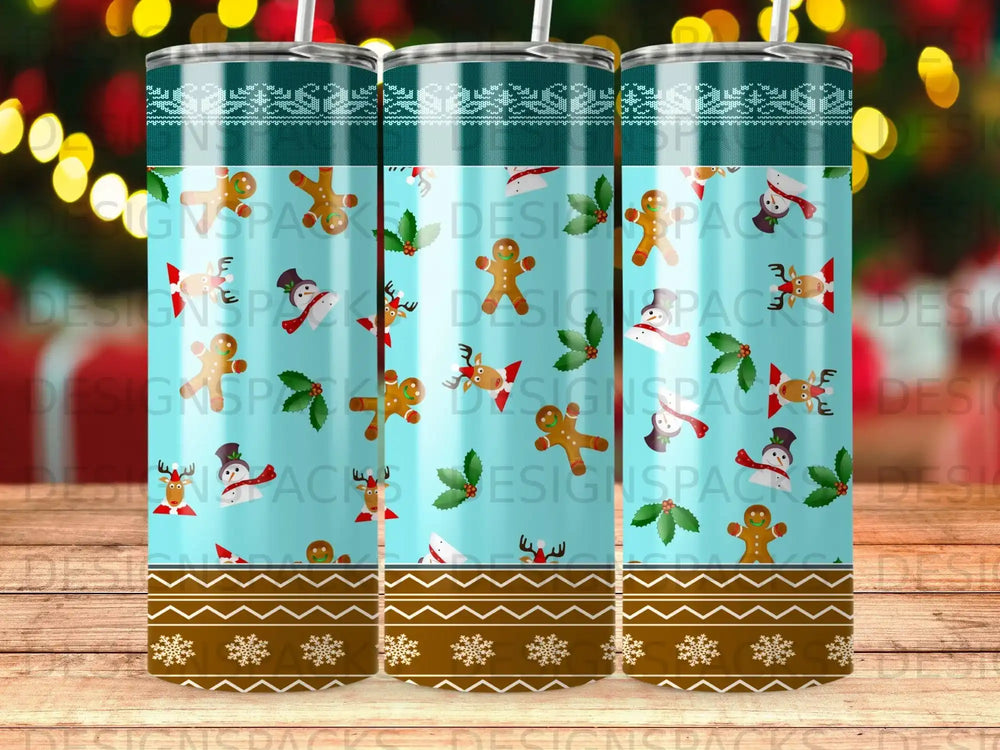 Christmas gingerbread man and snowman tumbler design with snowflake border.