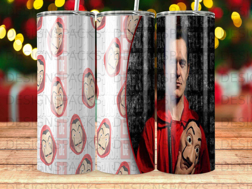 Three tumblers featuring a collage of the Dali mask and red jumpsuit from Money Heist.