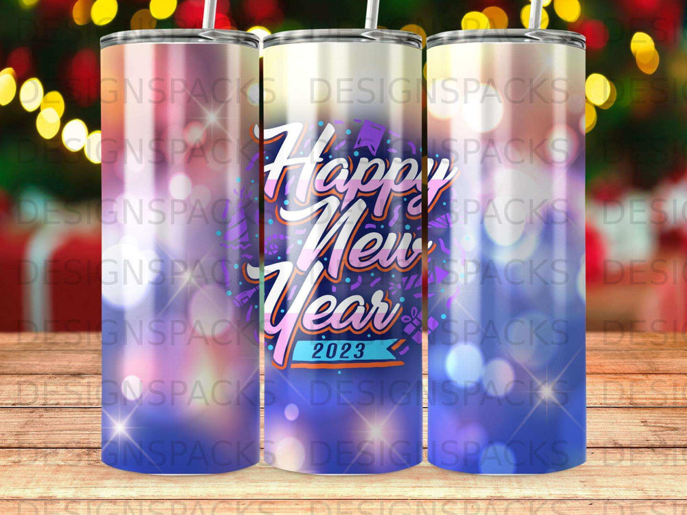 Tumbler with "Happy New Year 2023" text and colorful bokeh background.