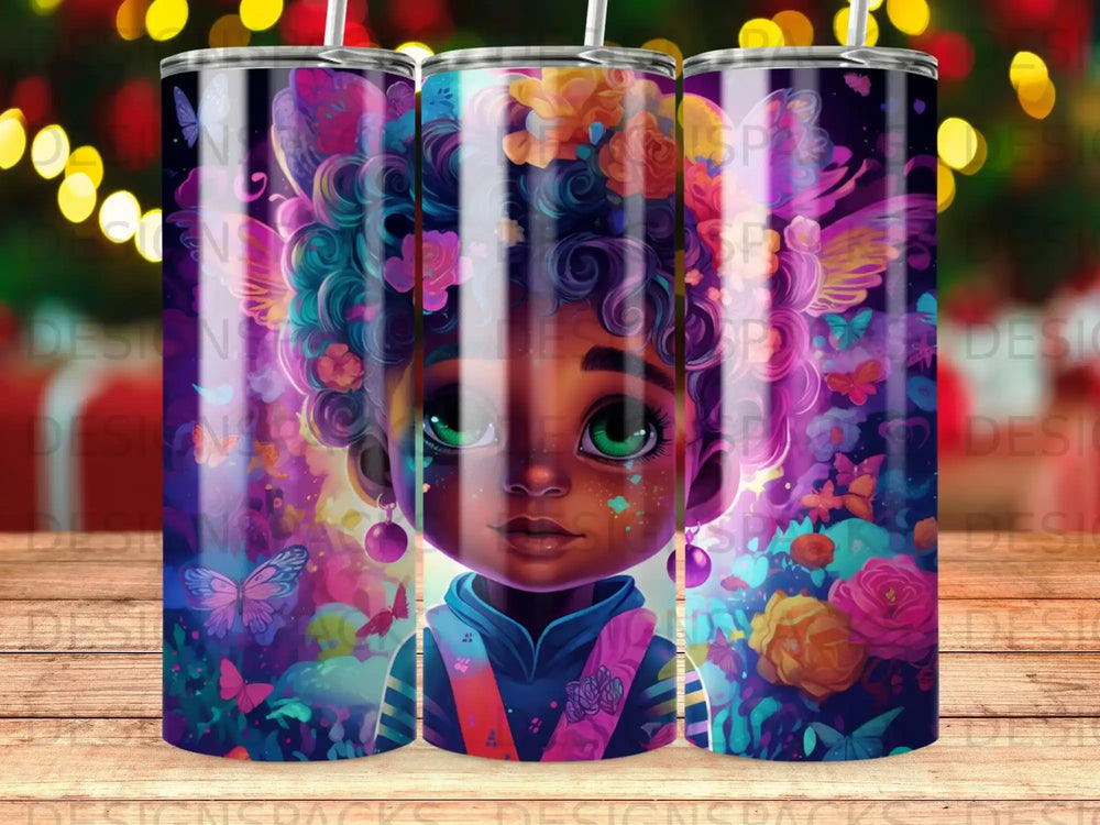 Child with colorful floral wings and butterfly accents.