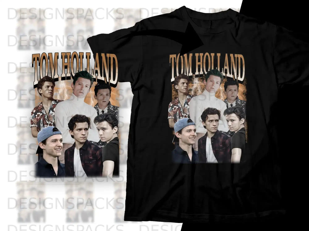 Collage of Tom Holland poses on a black t-shirt.