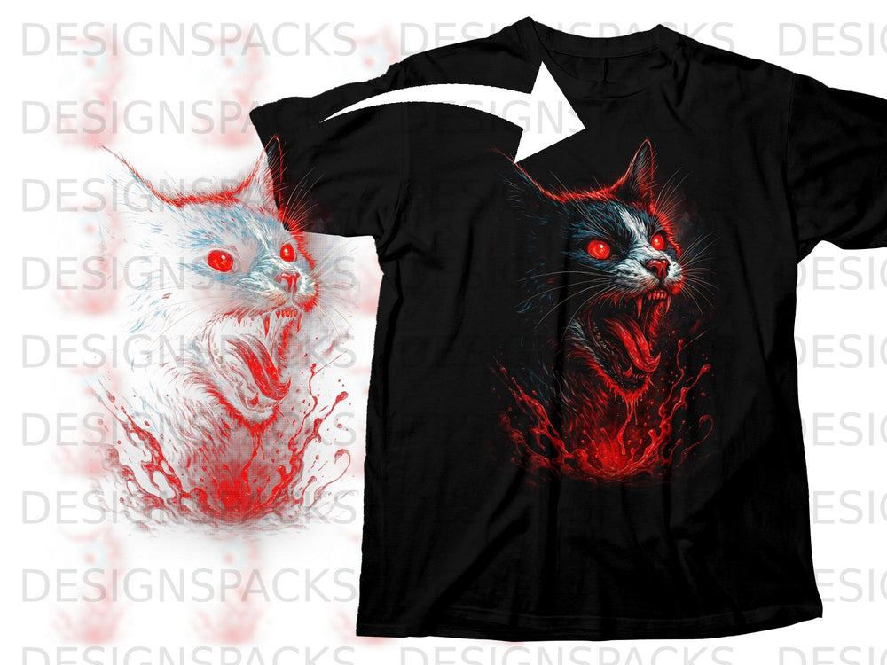 Black t-shirt with a detailed graphic of a snarling cat with red eyes and blood splatters.